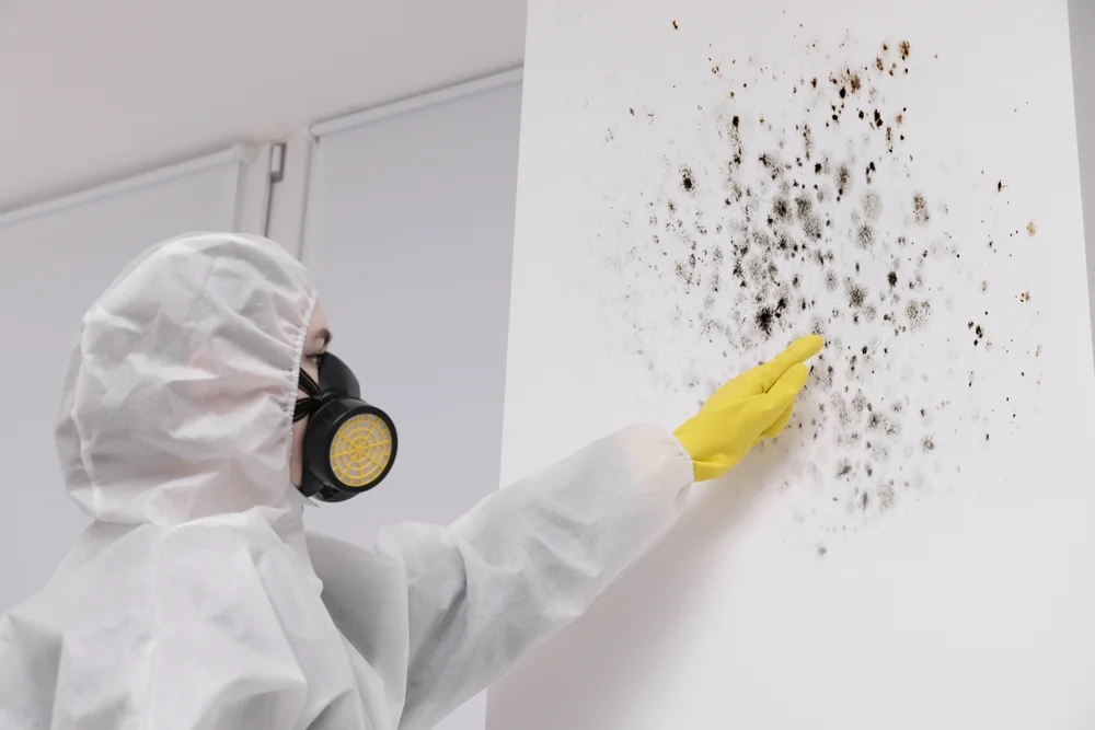 Types of Mold: A Complete Guide 5 a person wearing a mask and gloves pointing at a wall with black spots / Types of Mold: A Complete Guide / What Is Mold? / Common Types of Mold / Less Common but Important Types of Mold / How Mold Affects Health / How to Identify Mold / Why You Shouldn't Remove Mold Yourself / How to Prevent Mold Growth / FAQs About Types of Mold / ETA Mold Inspection and Testing Mold in Florida