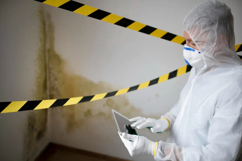 a person in a white suit and mask holding a tablet / Yellow Mold: What It Is, Why It Appears, and How to Get Rid of It / What Is Yellow Mold? / Common Types of Yellow Mold / What Causes Yellow Mold to Grow? / Where Yellow Mold Commonly Appears / Is Yellow Mold Dangerous to Your Health? / How to Identify Yellow Mold / How to Remove Yellow Mold Safely / Removing Yellow Mold from Wood / Removing Yellow Mold from Mulch and Soil / Preventing Yellow Mold Growth / When to Call a Mold Remediation Professional / Yellow Mold on Food: What You Should Know / Yellow Mold vs Pollen and Dust: How to Tell the Difference / Quick Facts About Yellow Mold / ETA Mold Testing in Florida