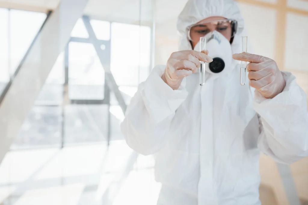 Female doctor scientist in lab coat, defensive eyewear and mask standing indoors - How to Test for Black Mold in Your House - ETA Mold Testing in Florida