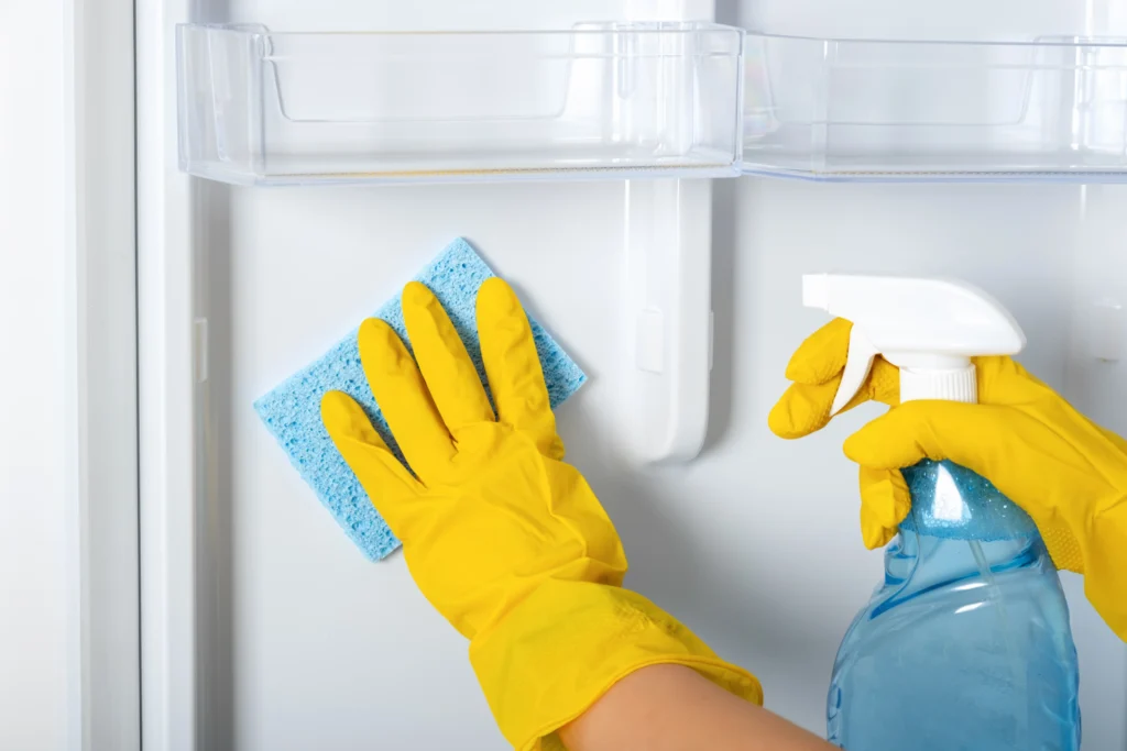 a person using soapy solution to clean mold in fridge