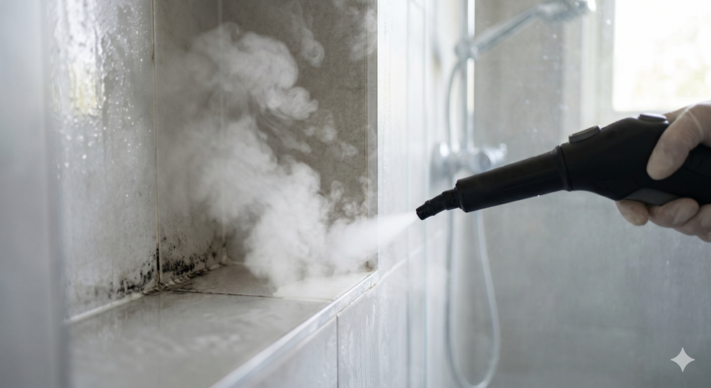 Handheld steam cleaner nozzle removing black mold from bathroom tile grout. - Can Heat Kill Mold? A Complete Guide - ETA Mold