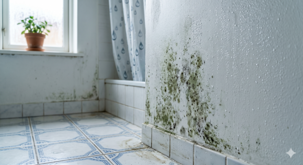 Extensive green and black mold growth on damp drywall in a bathroom corner  - Can Heat Kill Mold? A Complete Guide - ETA Mold 
