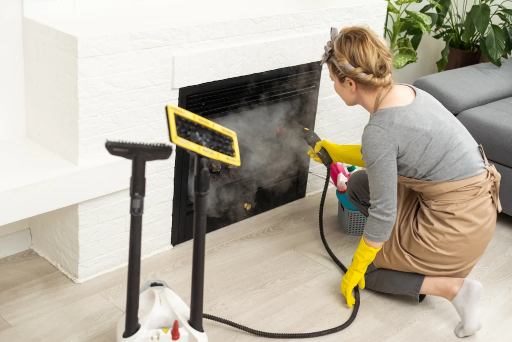 Mold Inspection 5 woman cleaning fireplace with steam cleaner - Does Steam Kill Mold? A Complete Guide